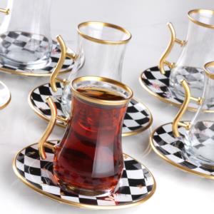 Gürcü Glass 12 Parça Damalı Desen Kulplu Çay Seti