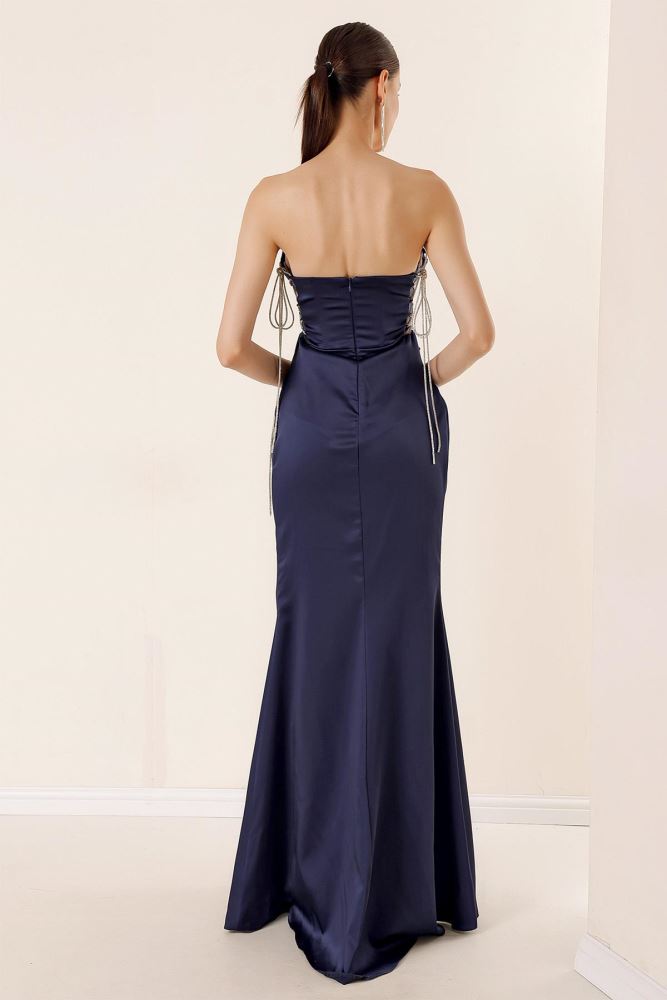 Transparent Draped Lined Long Chiffon Dress with Shiny Strings on the Side. Transparent Draped Lined Long Chiffon Dress with Shiny Strings on the Side.