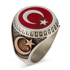 Ay Yıldız ve Osmanlı Armalı Türk Bayrağı Gümüş Erkek Yüzük Kırmızı