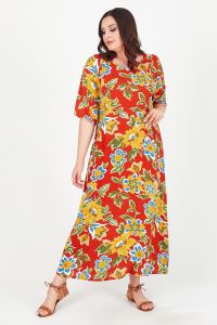 Womenice Kadın Turuncu Renkli Çiçek Desenli Büyük Beden Elbise