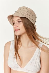 Kadın Bej Üzeri Taşlı Bucket Şapka