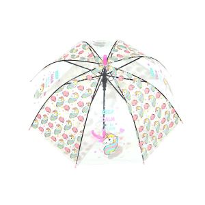 Pembe Renk, Düdüklü Şeffaf Çocuk Şemsiyesi Uzun Saplı Unicorn Desenli