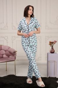 Kadın Kalp Baskılı Cepli Maskülen Yaka Pijama Takımı Turkuaz