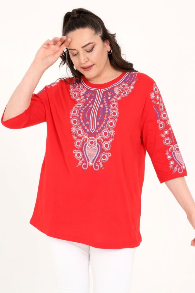 Büyük Beden Baskılı Fakir Kol Bluz Kırmızı - Alkapida.com