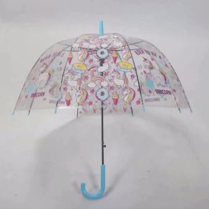 Mavi Renk, Düdüklü Şeffaf Çocuk Şemsiyesi Uzun Saplı Unicorn Desenli