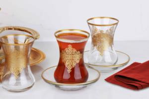 Royal Kristal 12 Parça Çay Bardak Seti Gold Renk Varak Sultan