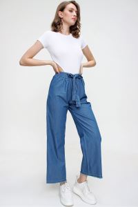 Kadın Koyu Mavi Bol Paça Jeans Kot Pantolon