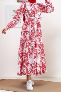 NASS Yaprak Desenli Üç Parçalı Kuşaklı Elbise_Kırmızı