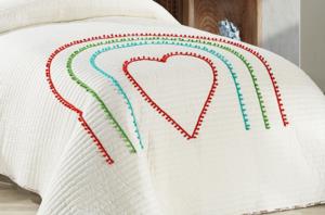 Evlen Home Hale Renkli Ponponlu %100 Pamuk Tek Kişilik Yatak Örtüsü Kalpli Takımı