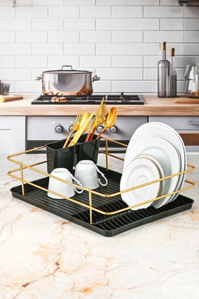 Gold Dish Rack Drying Basket Single Tier Plate Cutlery