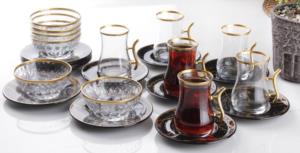 Gürcü Glass  24 Parça Siyah Mermer Desen Çay ve Çerez Seti