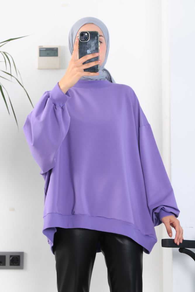 MYCİTY Oversıze Sıfır Yaka Lux İki İplik Sweat_Lila.