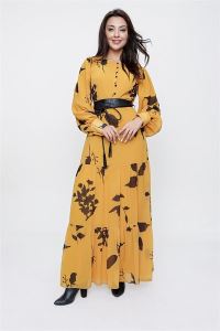 Önü Yarım Düğmeli Beli Kemerli Astarlı Çiçek Desen Uzun Şifon Elbise Sarı