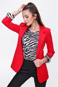Zebra Desenli İkili Astarlı Ceket Bluz Takım Kırmızı