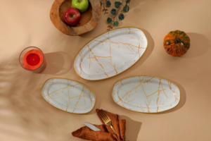 Gürcü Glass 21 Parça Beyaz Mermer Desenli Pasta ve Kulpsuz Çay İkram Seti
