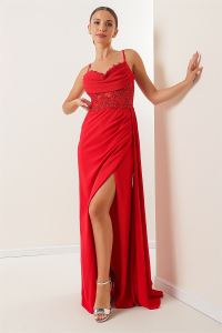 İp Askılı Üstü Boncuk İşlemeli Transparan Astarlı Uzun Krep Elbise Kırmızı