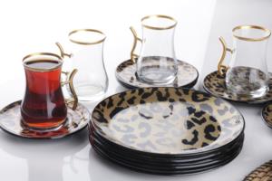 Gürcü Glass 18 Parça Leopar Desenli Pasta Tabağı ve Kulplu Çay Seti 