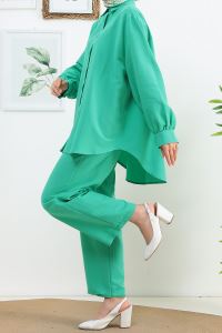 SUDEM Kolu Manşetlii Keten Pantolonlui Takım_Yeşil