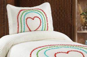Evlen Home Hale Renkli Ponponlu %100 Pamuk Tek Kişilik Yatak Örtüsü Kalpli Takımı
