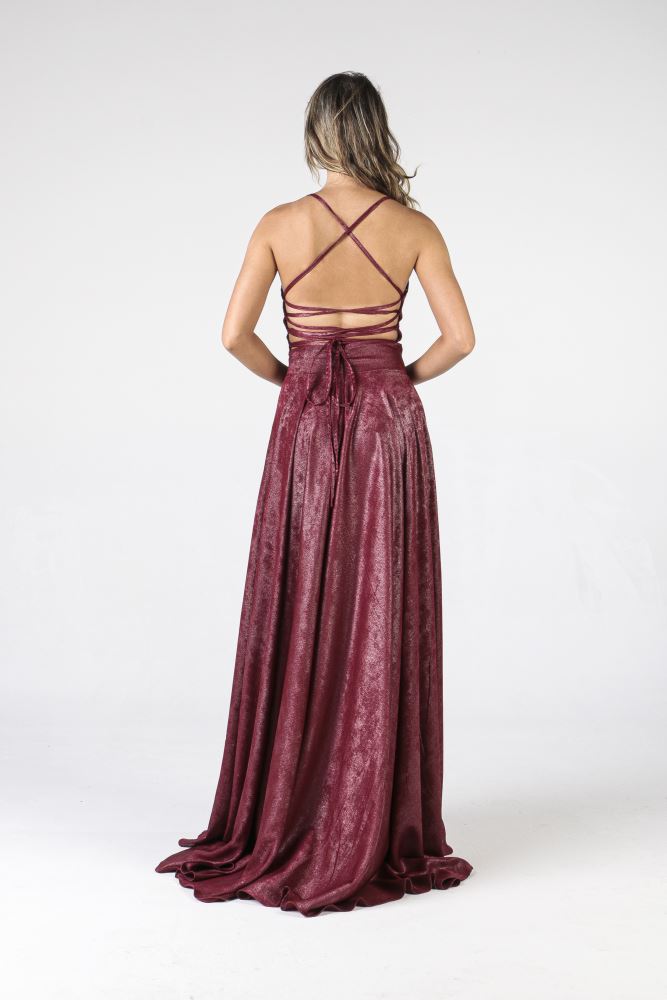 ALIS DRESS Claret Red Evening Dress with Drawstring on the Back.