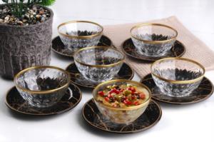 Gürcü Glass  24 Parça Siyah Mermer Desen Çay ve Çerez Seti