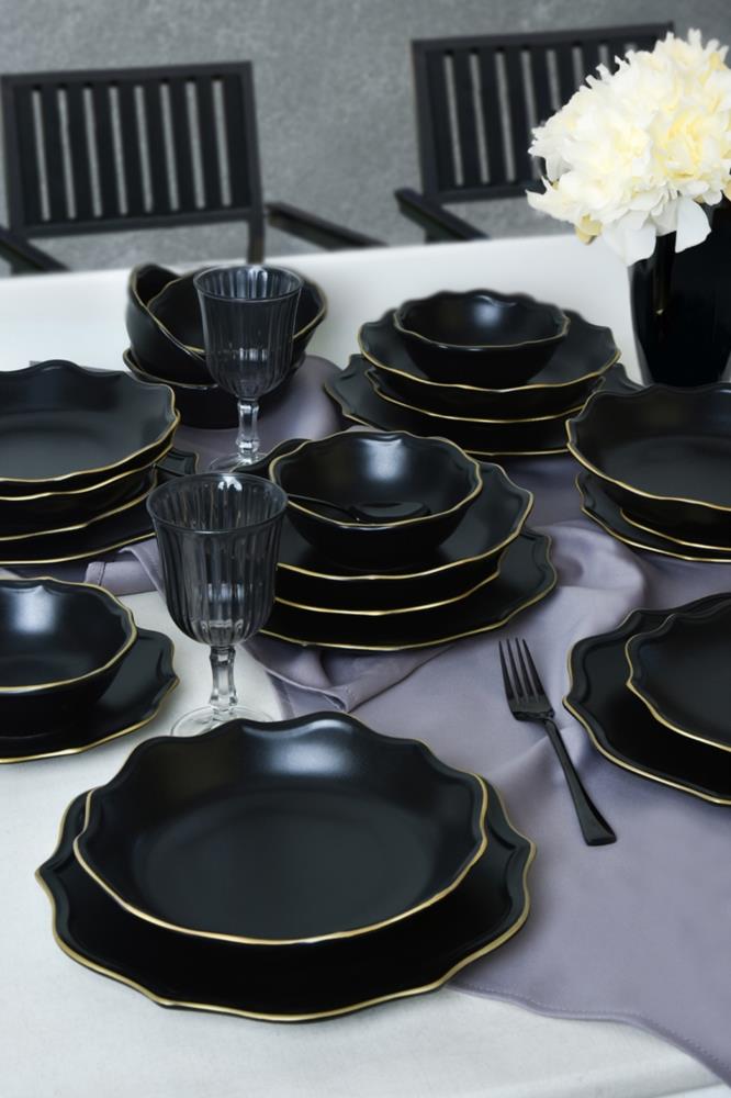 Keramika Matte Black Gold Mesh Romeo Dinner Set 24 Pieces for