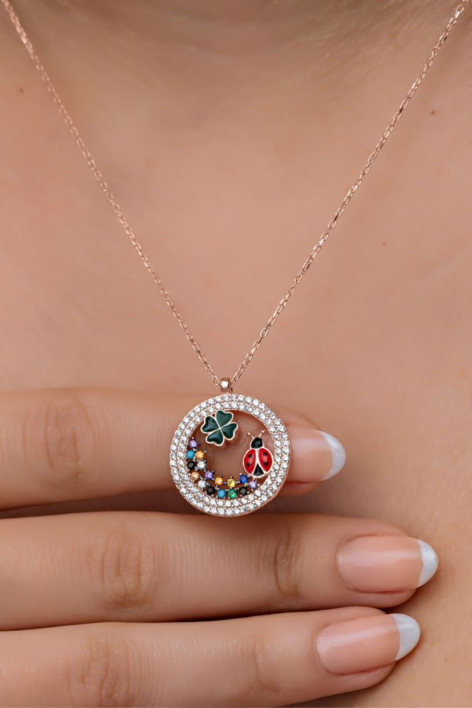 925 Sterling Silver Rose Circle Design Clover And Ladybug Detail