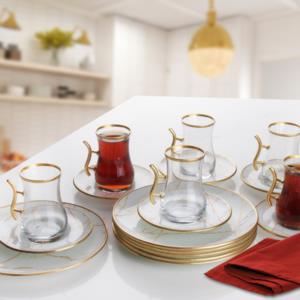 Gürcü Glass 18 Parça Beyaz Mermer Desenli Pasta Tabağı ve Kulplu Çay Seti 