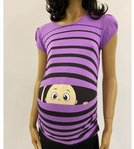 3190-Hamile Çizgili Bakan Bebek Esprili T-Shirt