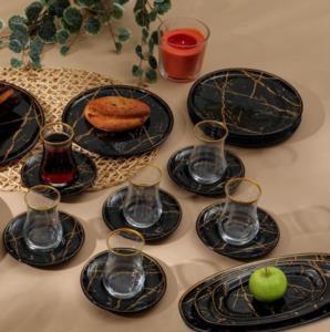 Gürcü Glass 21 Parça Siyah Mermer Desenli Pasta ve Kulpsuz Çay İkram Seti