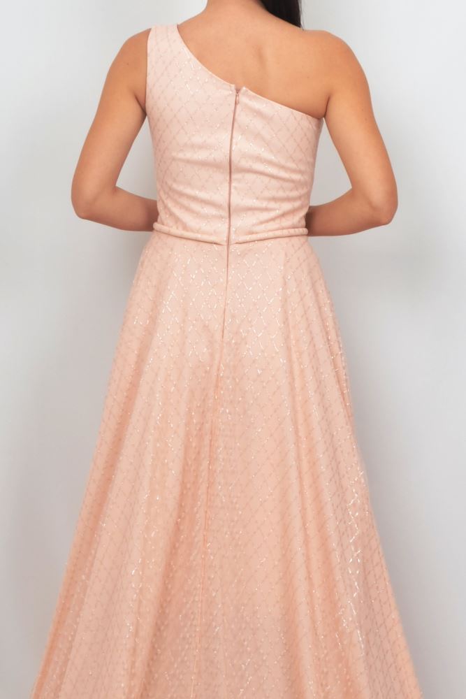 ALIS DRESS ONE SHOULDER SQUARE PATTERNED SALMON COLOR TULLE EVENING DRESS. ALIS DRESS ONE SHOULDER SQUARE PATTERNED SALMON COLOR TULLE EVENING DRESS.