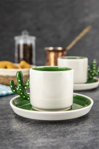 DORELİNE Kaktüs El Yapımı 180 Ml Mocha, Americano, Filtre Kahve Fincan Seti 2 li Yeşil
